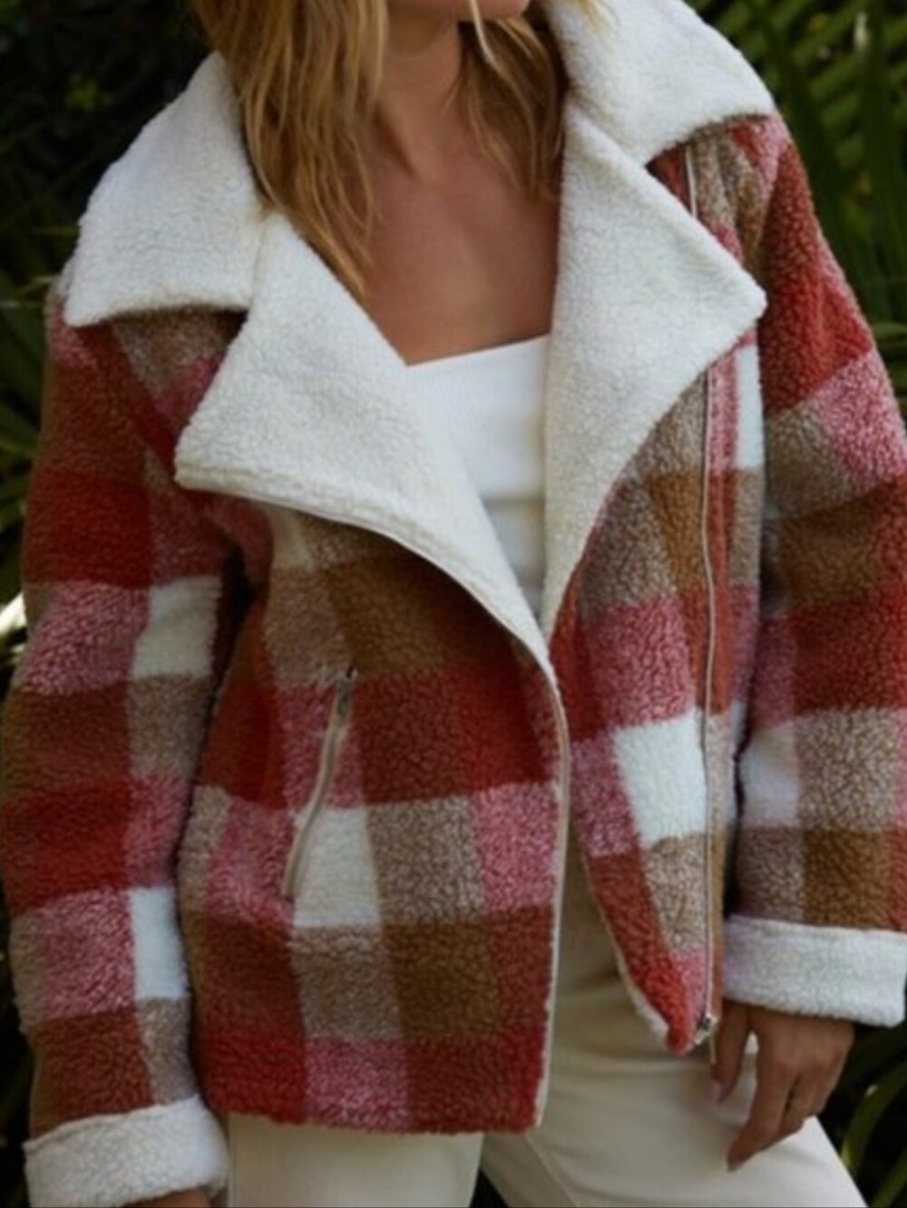 By Together Plaid Sherpa Moto Jacket Large NWOT Rust Cream Teddy Fleece